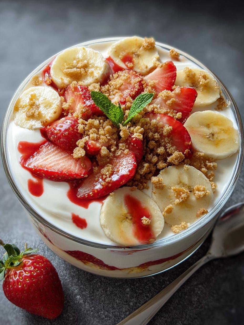 Wonderbaarlijke Erdbeer Bananen Kaesekuchen Salat in 3 Stappen - Erdbeer Bananen Kaesekuchen Salat - close-up van de romige textuur en fruitlagen