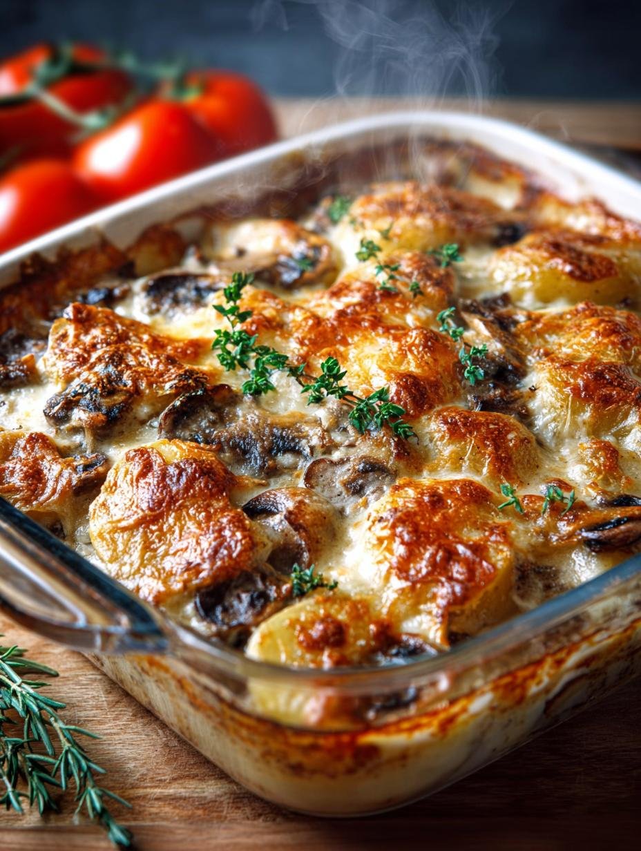 Heerlijke Kartoffel Champignon Auflauf in een ovenschaal, goudbruin gebakken met gesmolten kaas en verse peterselie