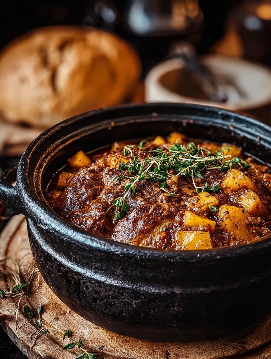 Close-up van een dampende Räubertopf recept in een pan, rijk aan kleur en textuur