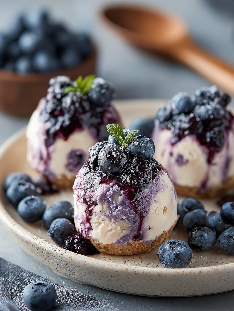 Heerlijke Bakloze Blueberry Cheesecake Protein Bites met verse bosbessen op een houten plank, klaar om te serveren.