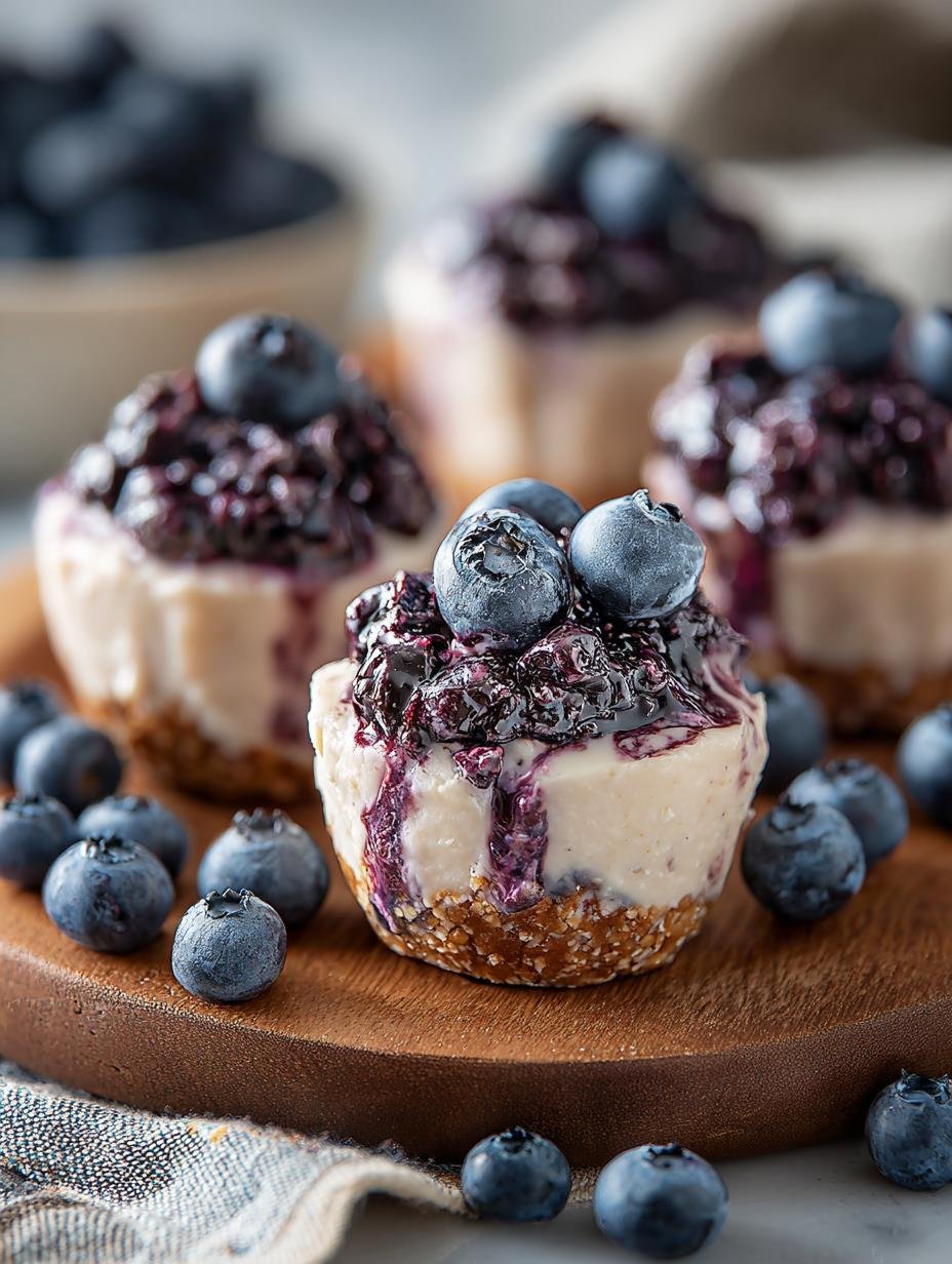 Close-up van een Bakloze Blueberry Cheesecake Protein Bite met een romige textuur en zichtbare bosbessen, klaar om te eten.