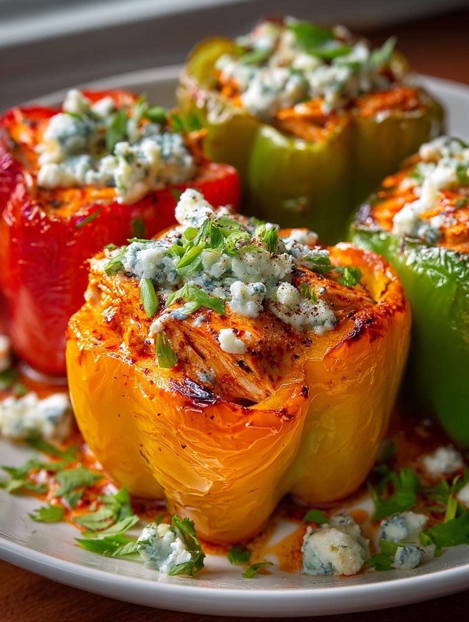 Heerlijke Buffalo Chicken Stuffed Peppers, perfect gebakken en klaar om te serveren