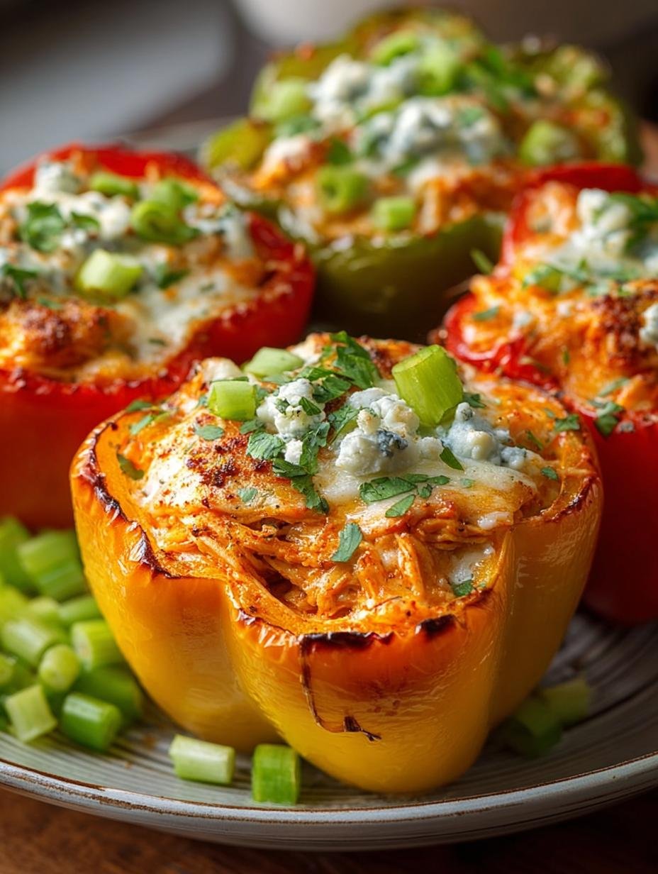 Close-up van de romige vulling in Buffalo Chicken Stuffed Peppers
