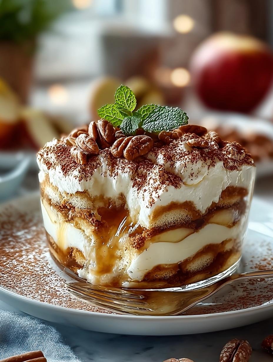 Heerlijk Apfel-Zimt-Tiramisu in een glazen schaal, perfect gelaagd en klaar om te serveren, een koestliches recept fuer ein dessert