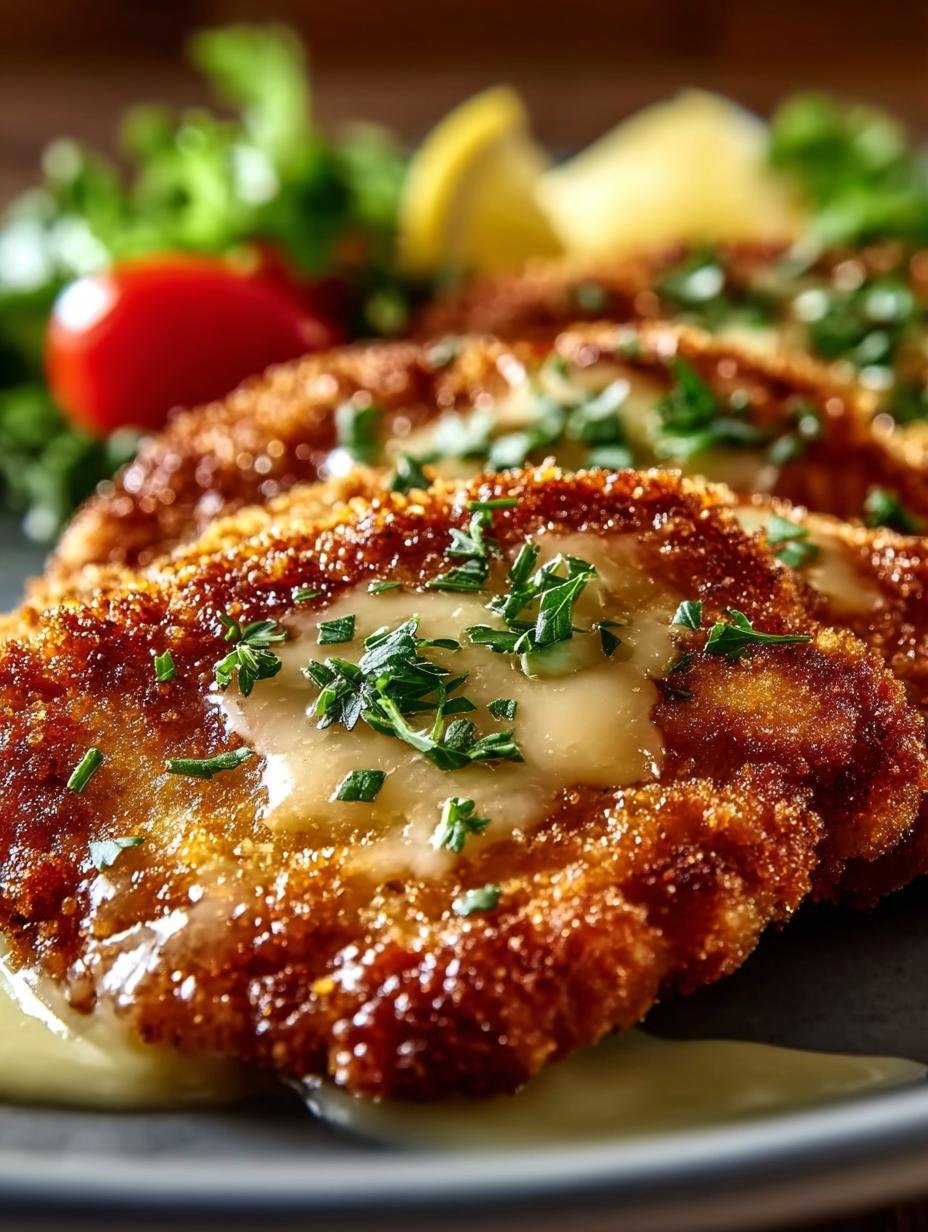 Heerlijke Ueberbackene Partyschnitzel Aus Dem met gesmolten kaas en verse kruiden