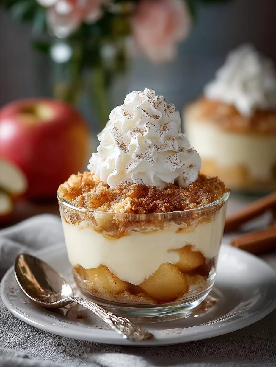 Heerlijke Bratapfel Crumble extractible auf met kaneelcrème in een glas, klaar om te serveren