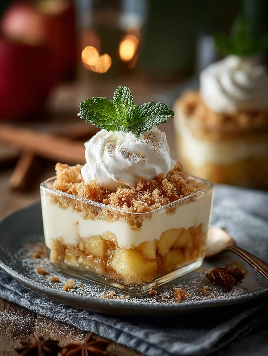 Close-up van Bratapfel Crumble extractible auf met knapperige topping en romige kaneelcrème