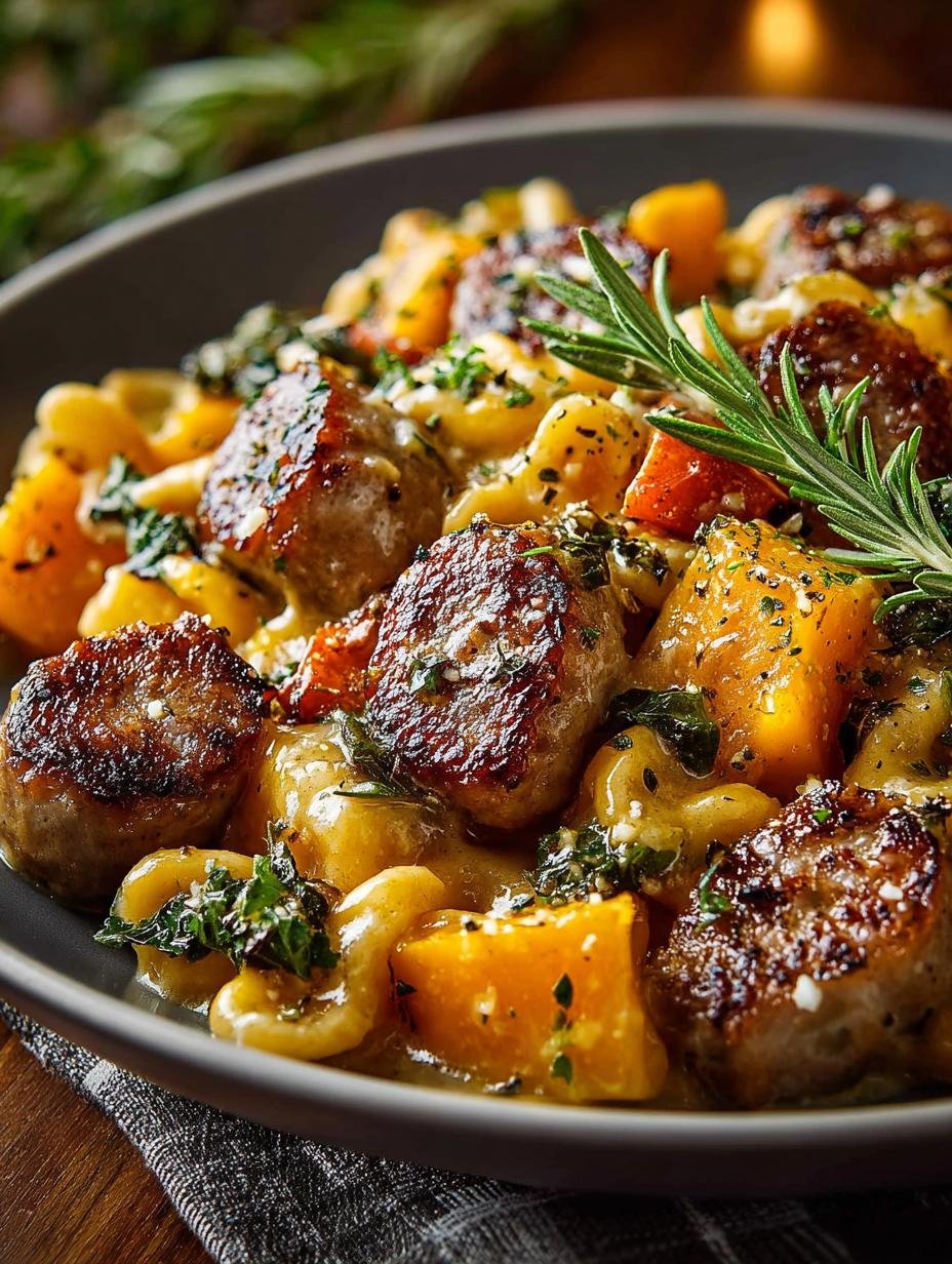 Heerlijke Romige Herfstworstpompoenpasta in een kom, gegarneerd met peterselie