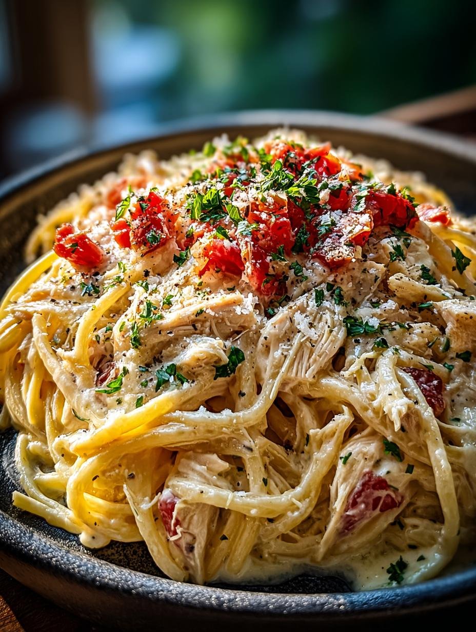 Heerlijke Cremige Hähnchen Spaghetti: 1 Gezinsfavoriet - Cremige Hahnchen Spaghetti Schmortopf - close-up van de romige textuur en malse kip
