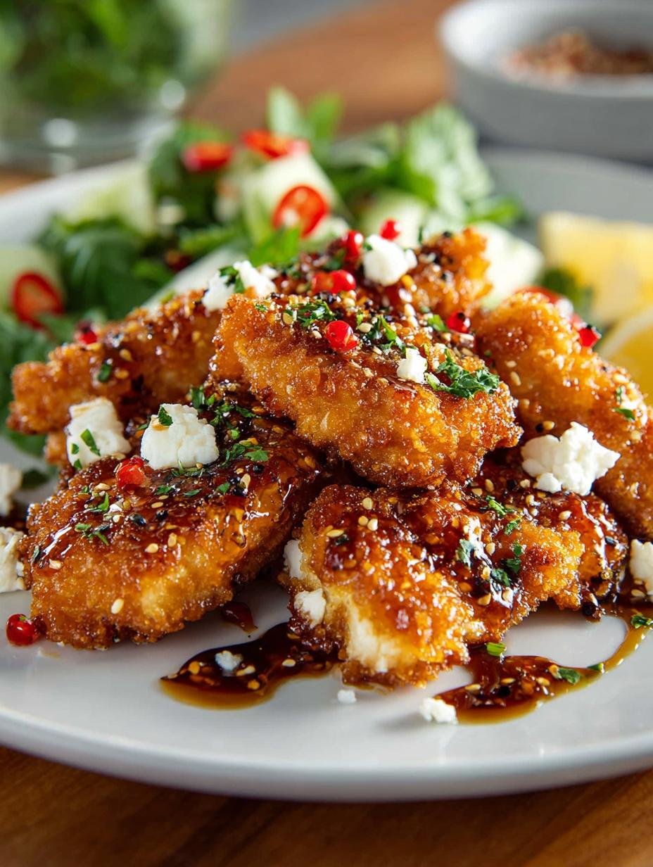Close-up van Crispy Hot Honey Feta met perfect goudbruine kip en gesmolten feta, besprenkeld met hete honing