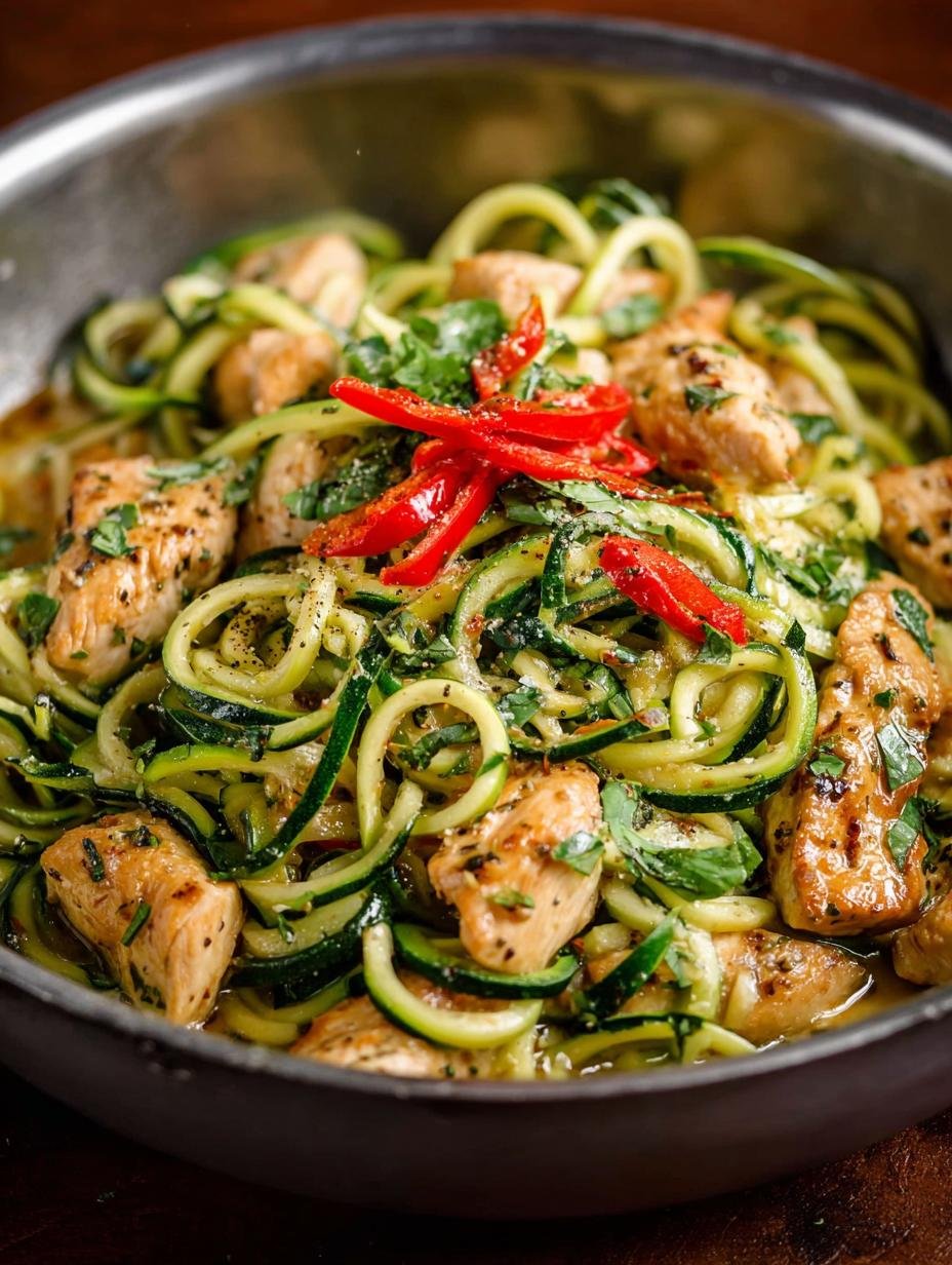 Close-up van Garlic Chicken Zucchini Noodles met verse kruiden