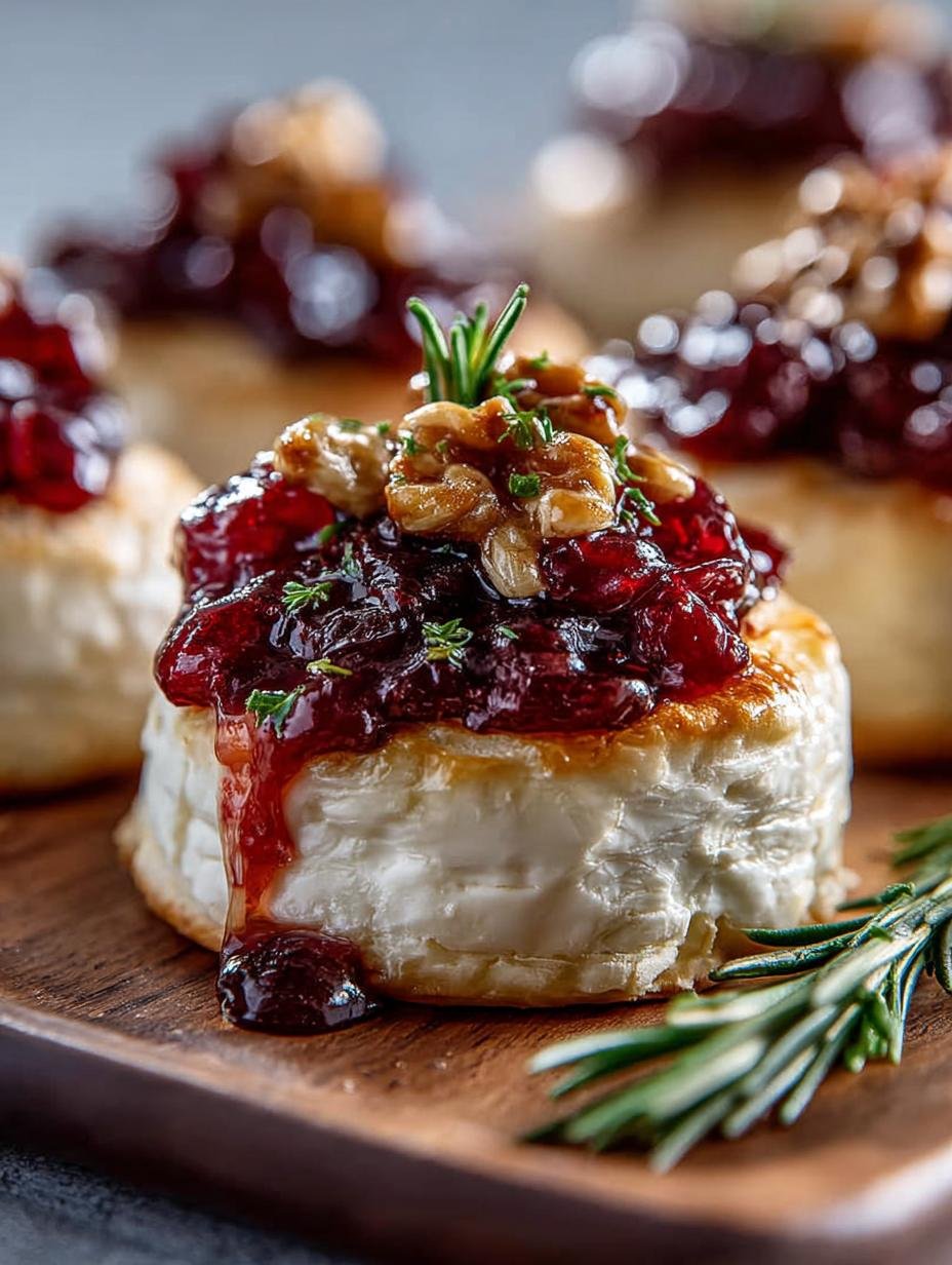 Fantastische High Protein Cranberry Brie in 35 min! - Close-up van een High Protein Cranberry Brie hapje met gesmolten kaas en cranberry