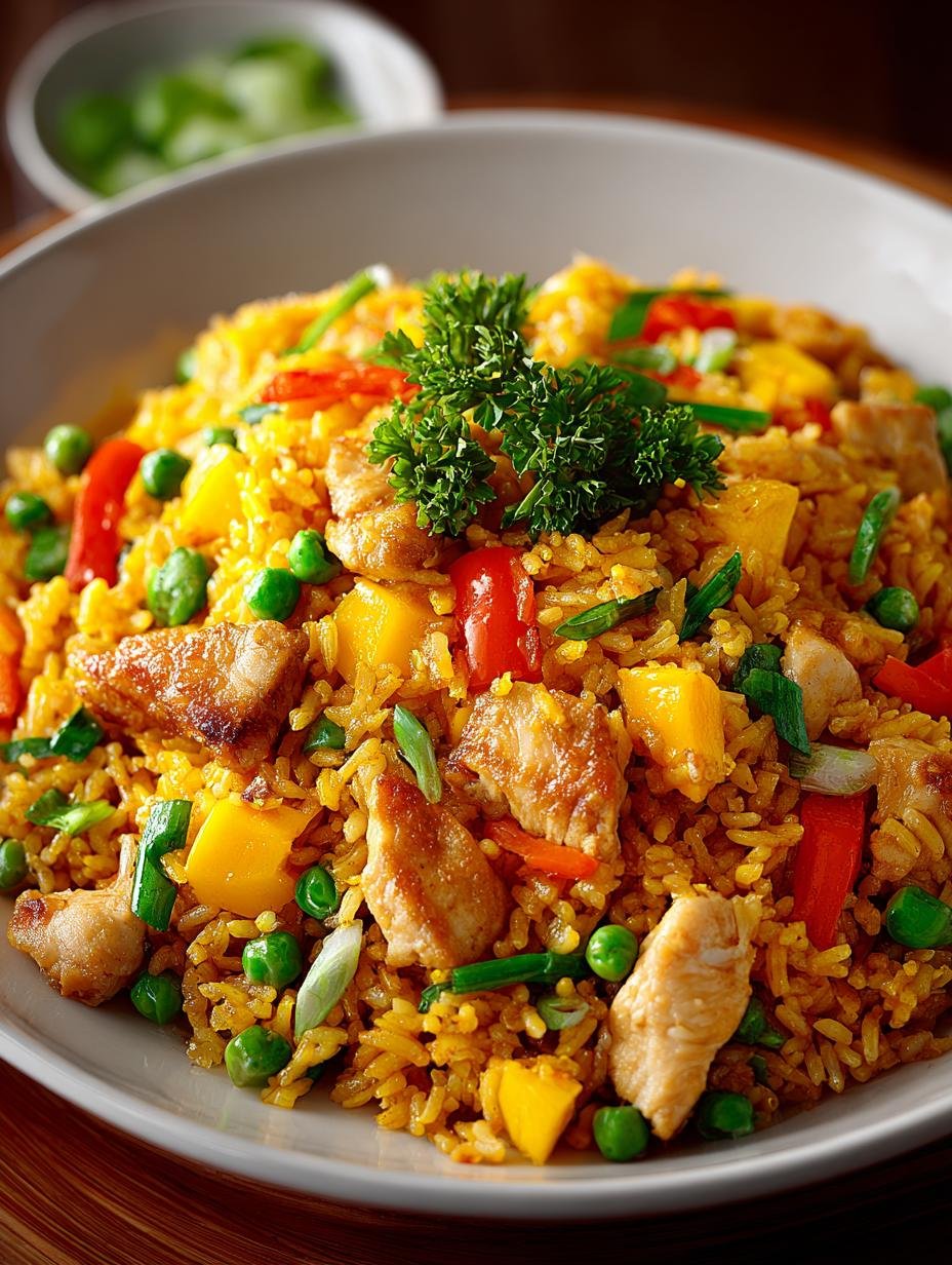 Heerlijke Mango Huhnchen Gebratener Reis met verse ingrediënten in een kom