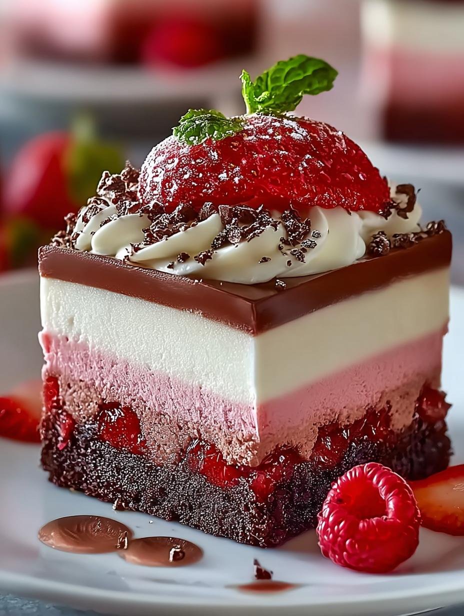 Close-up van een perfect gesneden Schokolade Und Erdbeermousse Cremig taart met lagen chocolade en aardbeienmousse