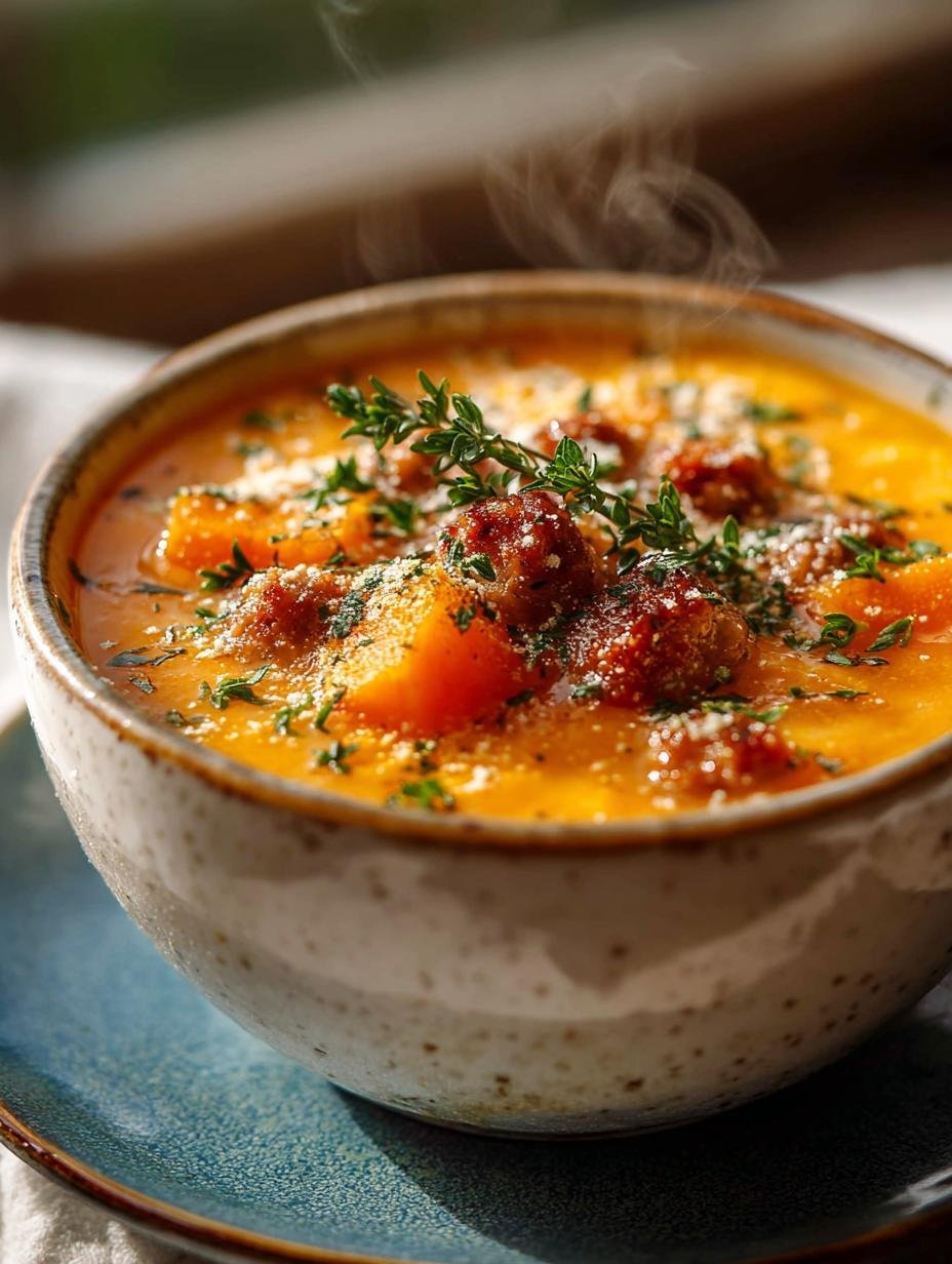 Sensationele Slow Cooker Butternut Squash Soep in 20 min, rijk en romig, geserveerd in een kom met verse kruiden