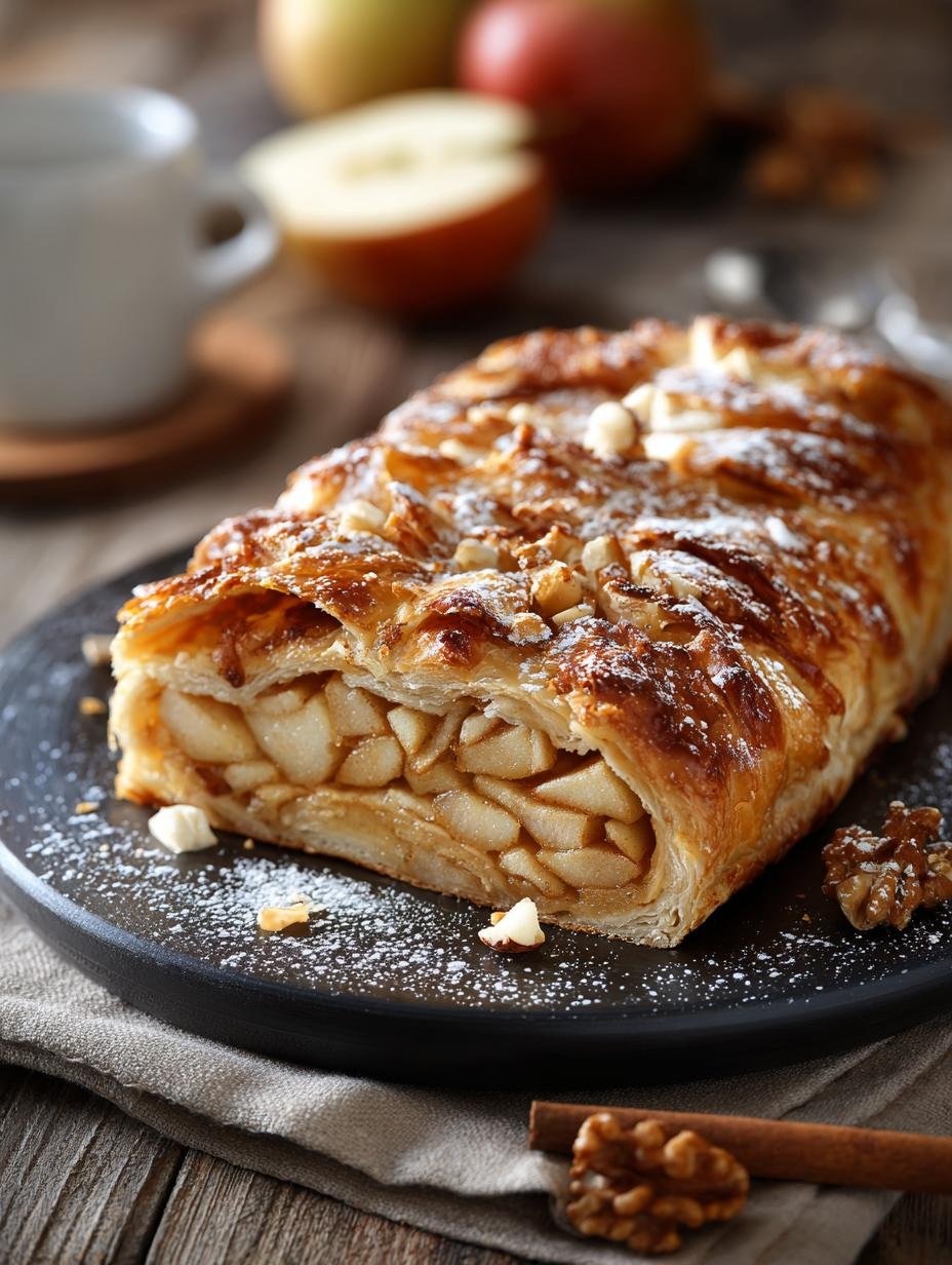 Close-up van een gesneden Wisconsin Apple Kringle met appelvulling en glazuur