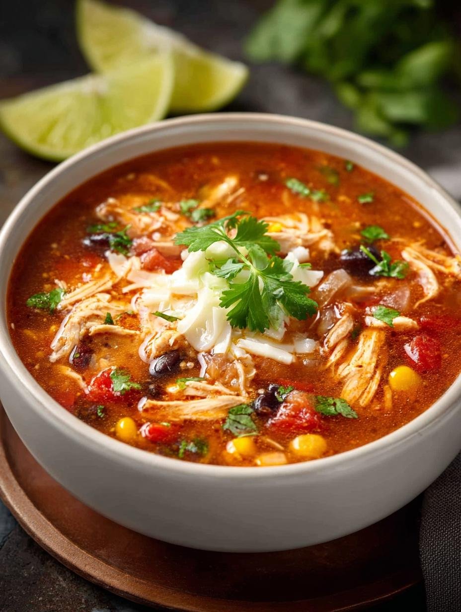 Heerlijke Chicken Taco Soup in een kom, gegarneerd met verse koriander en zure room, klaar om te serveren.