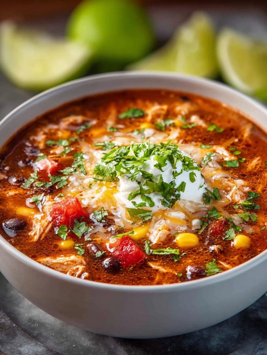 Een close-up van een kom Chicken Taco Soup met toppings zoals avocado, koriander en zure room, klaar om te eten.