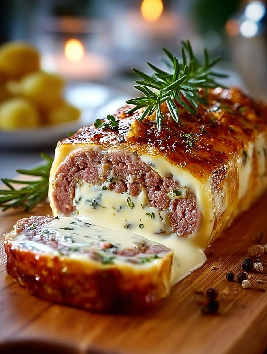 Heerlijke Hackfleisch Kaese Rolle met gesmolten kaas en kruiden, perfect gebakken