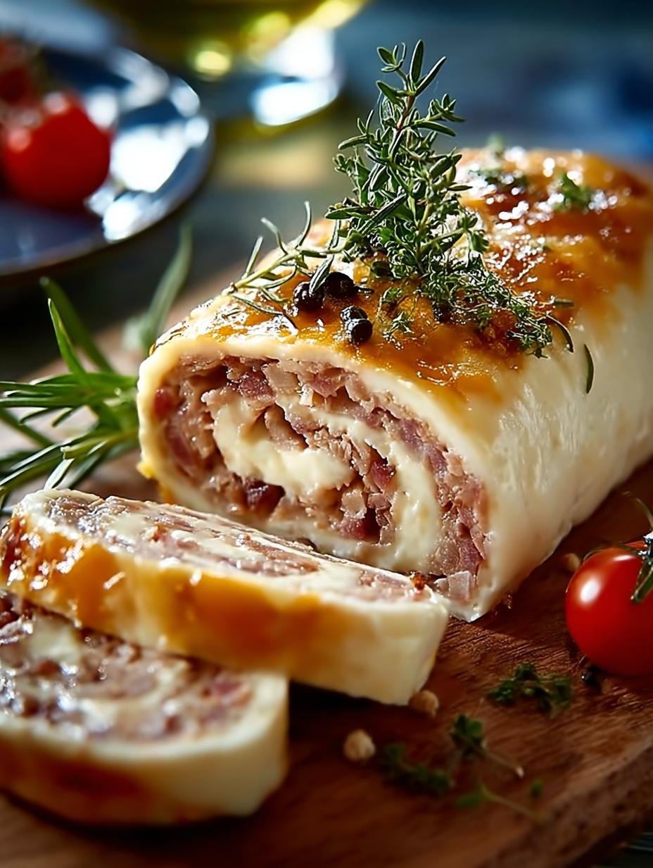 Gesneden Hackfleisch Kaese Rolle met gesmolten kaasvulling, klaar om te serveren