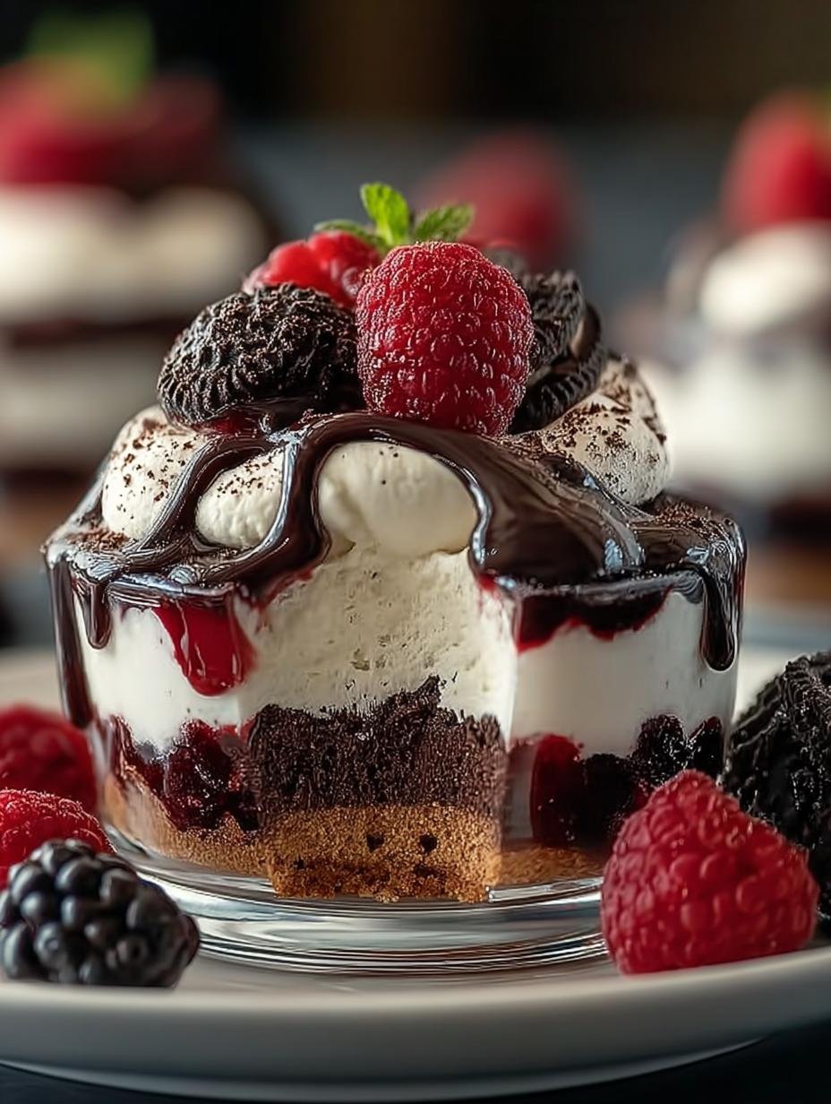 Close-up van een plakje Himbeer Oreo Dessert met lagen van koekjesbodem, roomkaas en frambozen
