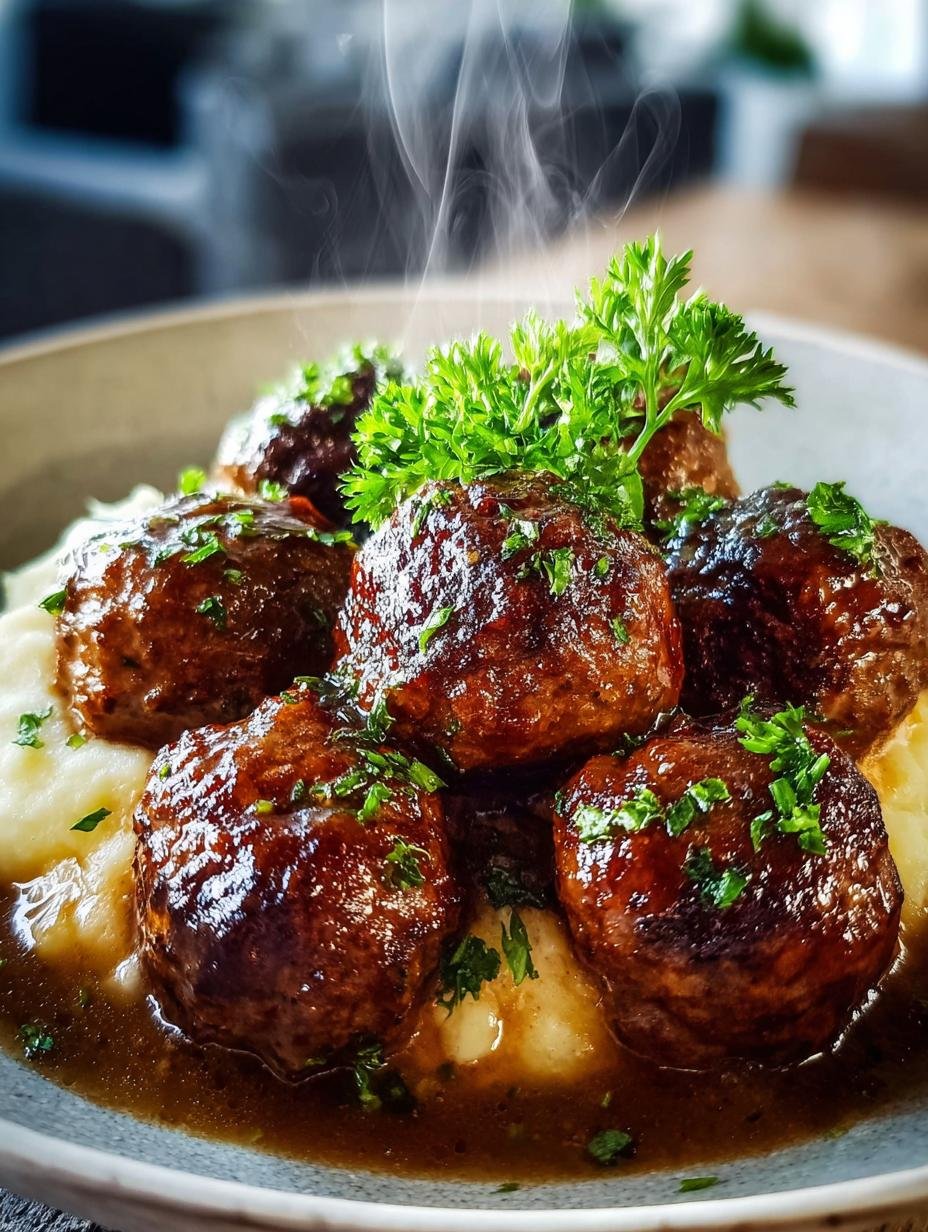 Heerlijke Salisbury Steak Gehaktballetjes met romige aardappelpuree en rijke jus, klaar om te serveren