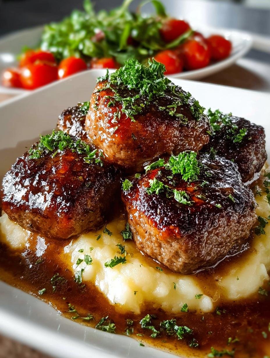 Close-up van Salisbury Steak Gehaktballetjes bedekt met rijke jus, geserveerd met romige aardappelpuree