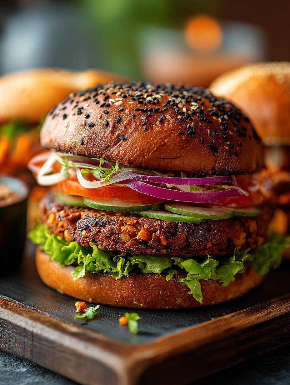 Heerlijke Smoky Vegan Bean Burgers met verse toppings op een broodje, klaar om te eten