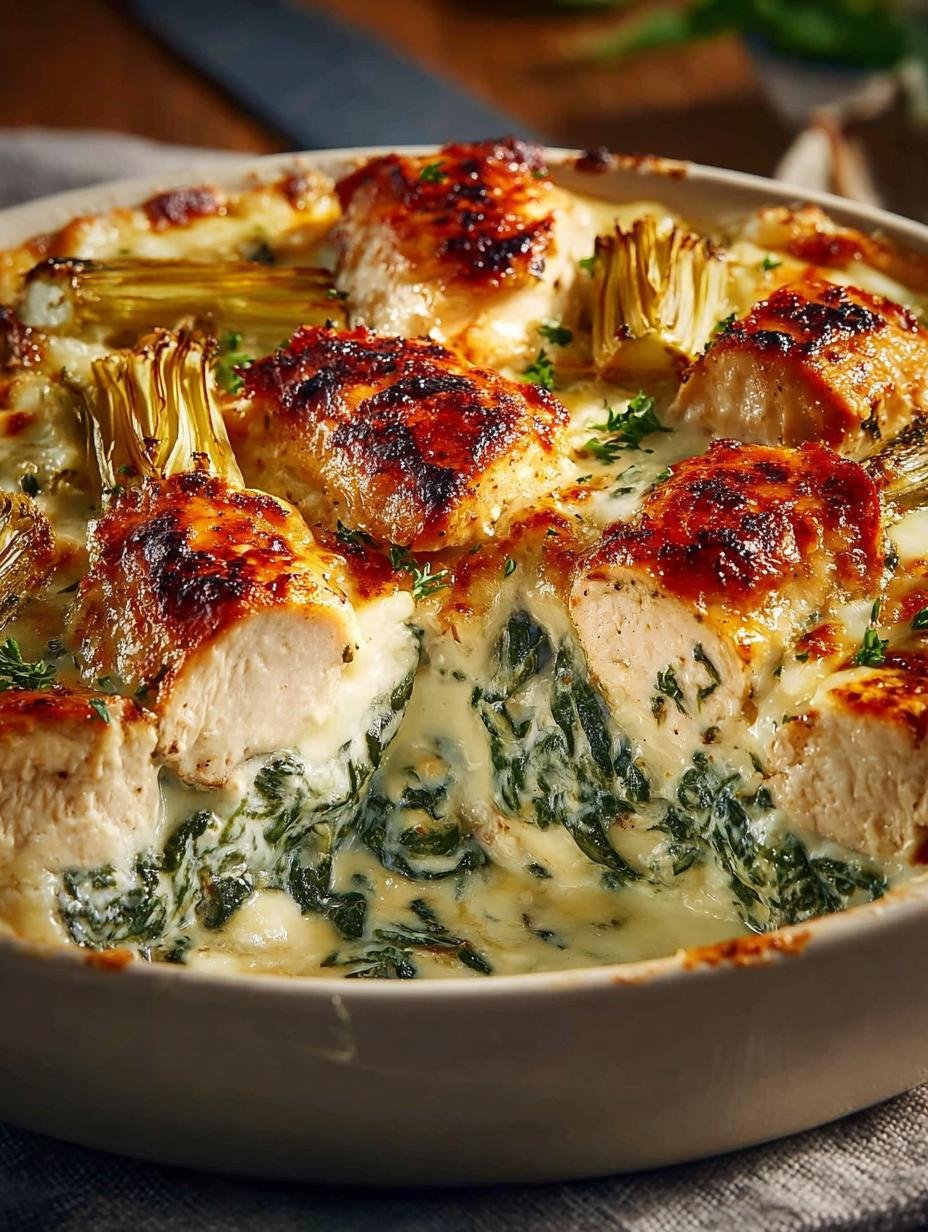 Heerlijke Spinach Artichoke Chicken Casserole, vers uit de oven, met gesmolten kaas en kruiden