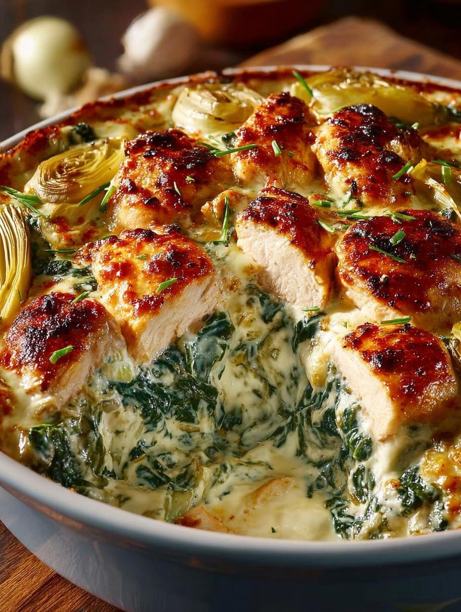 Close-up van een portie Spinach Artichoke Chicken Casserole, rijk en romig