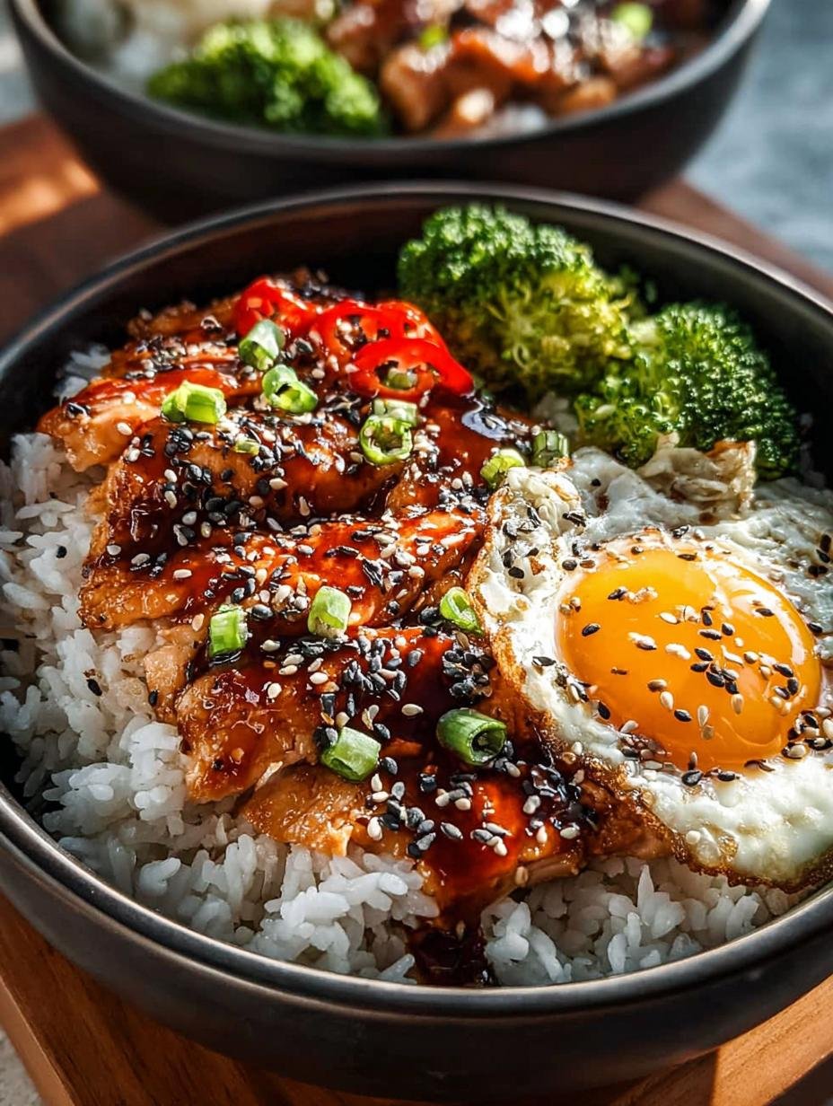 Close-up van een Sticky Chicken Rice Bowl met perfect gekookte kip, rijst en kleurrijke groenten
