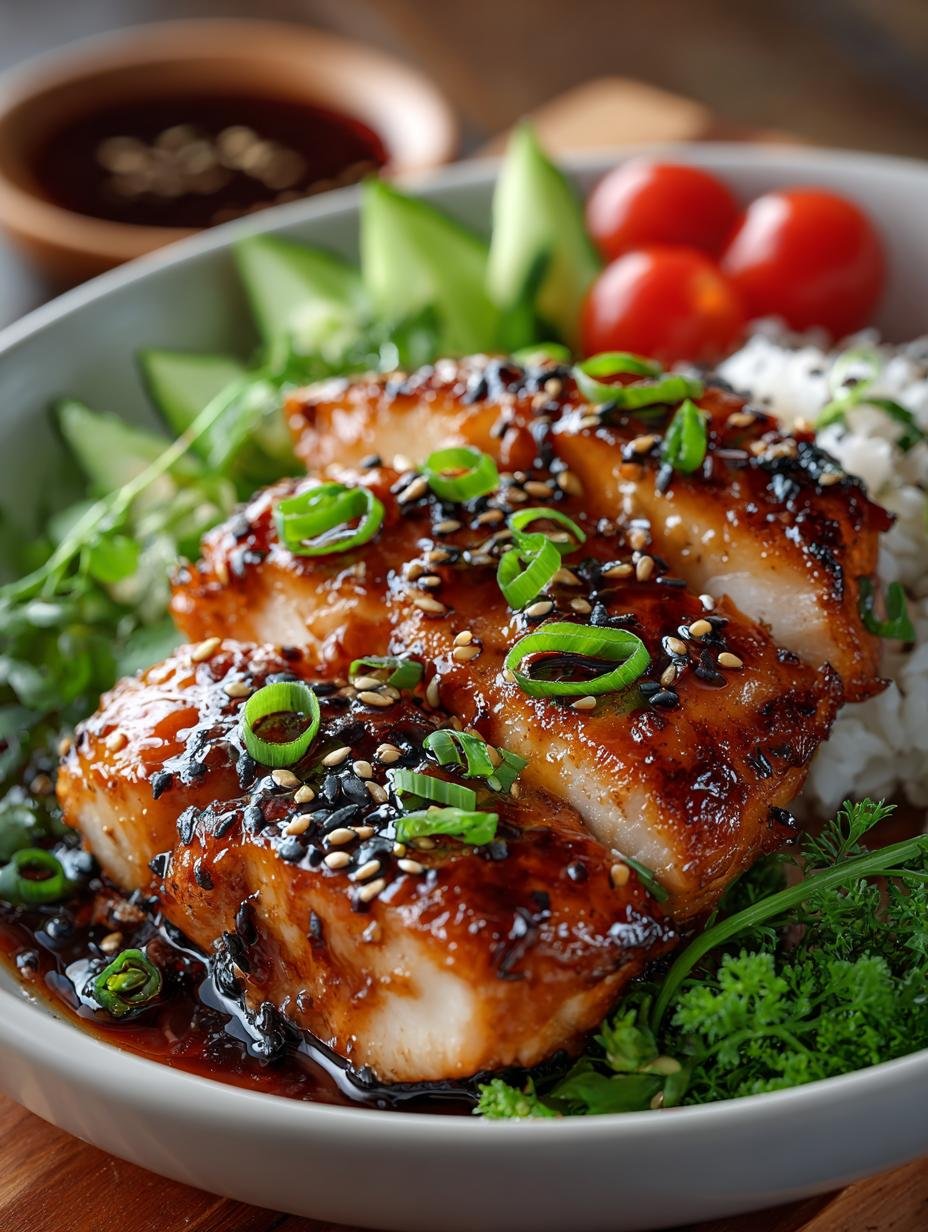 Close-up van Teriyaki Kip met rijst en lente-uitjes, klaar om te serveren