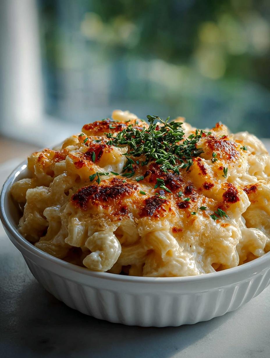 Close-up van romige Cottage Cheese Mac Cheese met gesmolten kaas en een gouden korst, klaar om te eten.