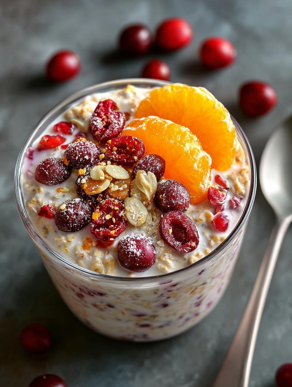 Close-up van Cranberry Orange Overnight Oats in een glazen pot, versierd met veenbessen en sinaasappelschil, klaar om te eten.