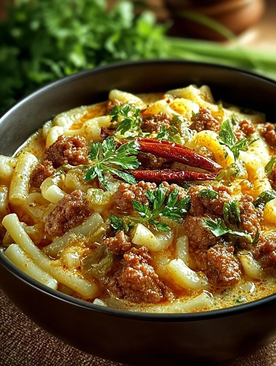 Heerlijke Curryrahm Nudeln Met Hackfleisch, een ultieme troostmaaltijd, geserveerd in een kom