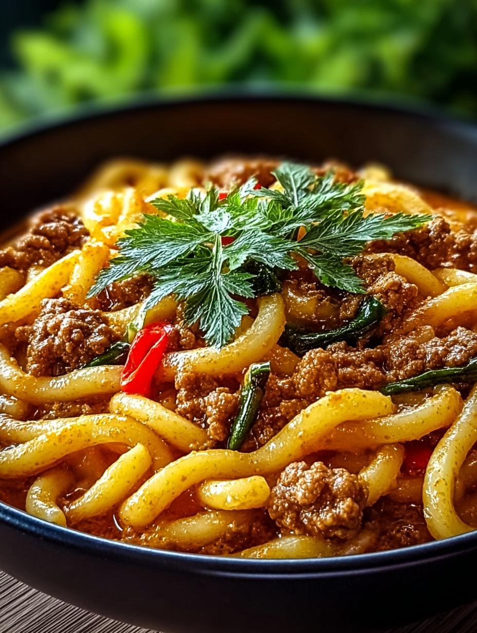 Gedetailleerde close-up van romige Curryrahm Nudeln Met Hackfleisch met verse kruiden