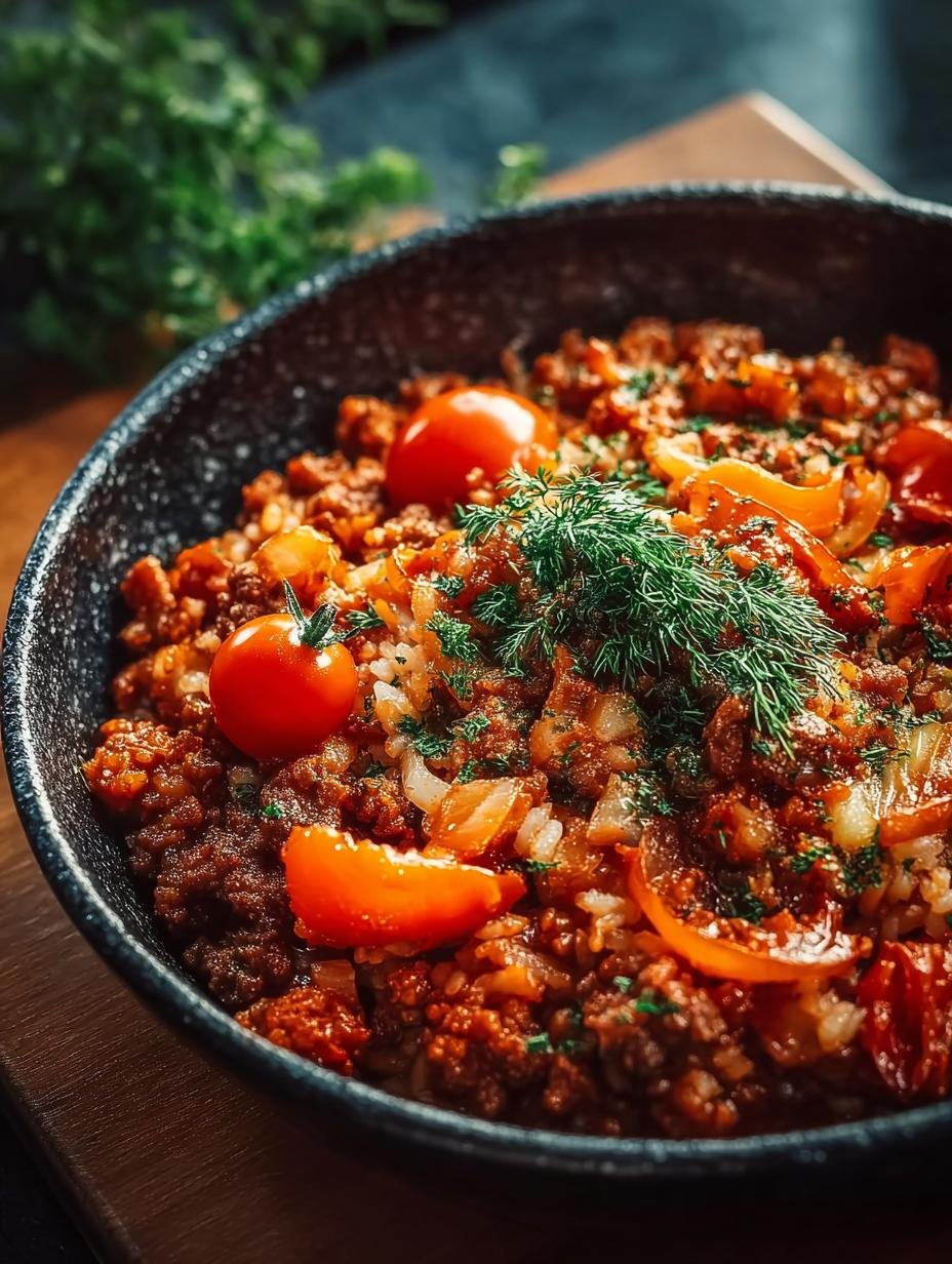 Heerlijke Reis Hackfleisch Pfanne Ajvar met gehakt en verse groenten, klaar om te serveren