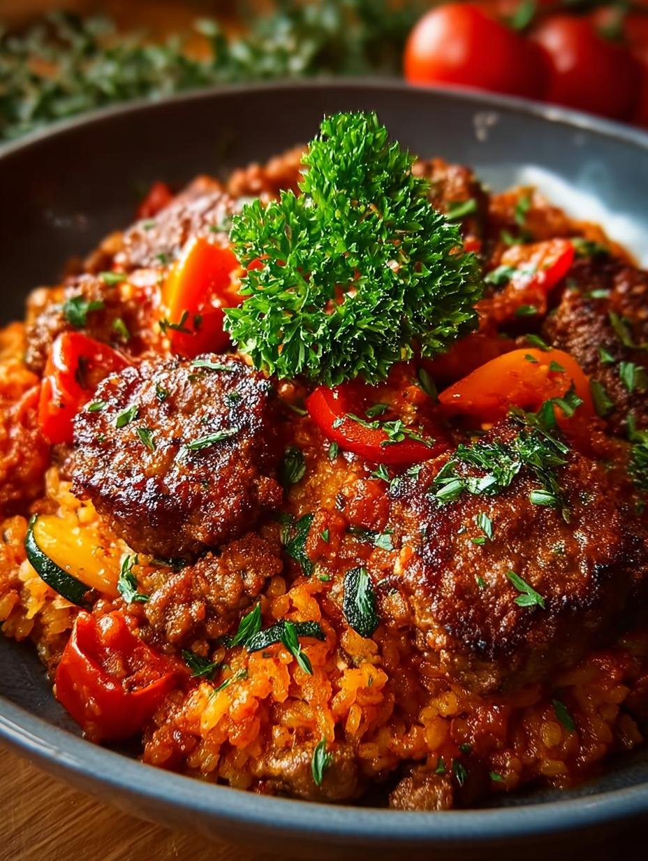 Close-up van een portie Reis Hackfleisch Pfanne Ajvar met rijst, gehakt en groenten