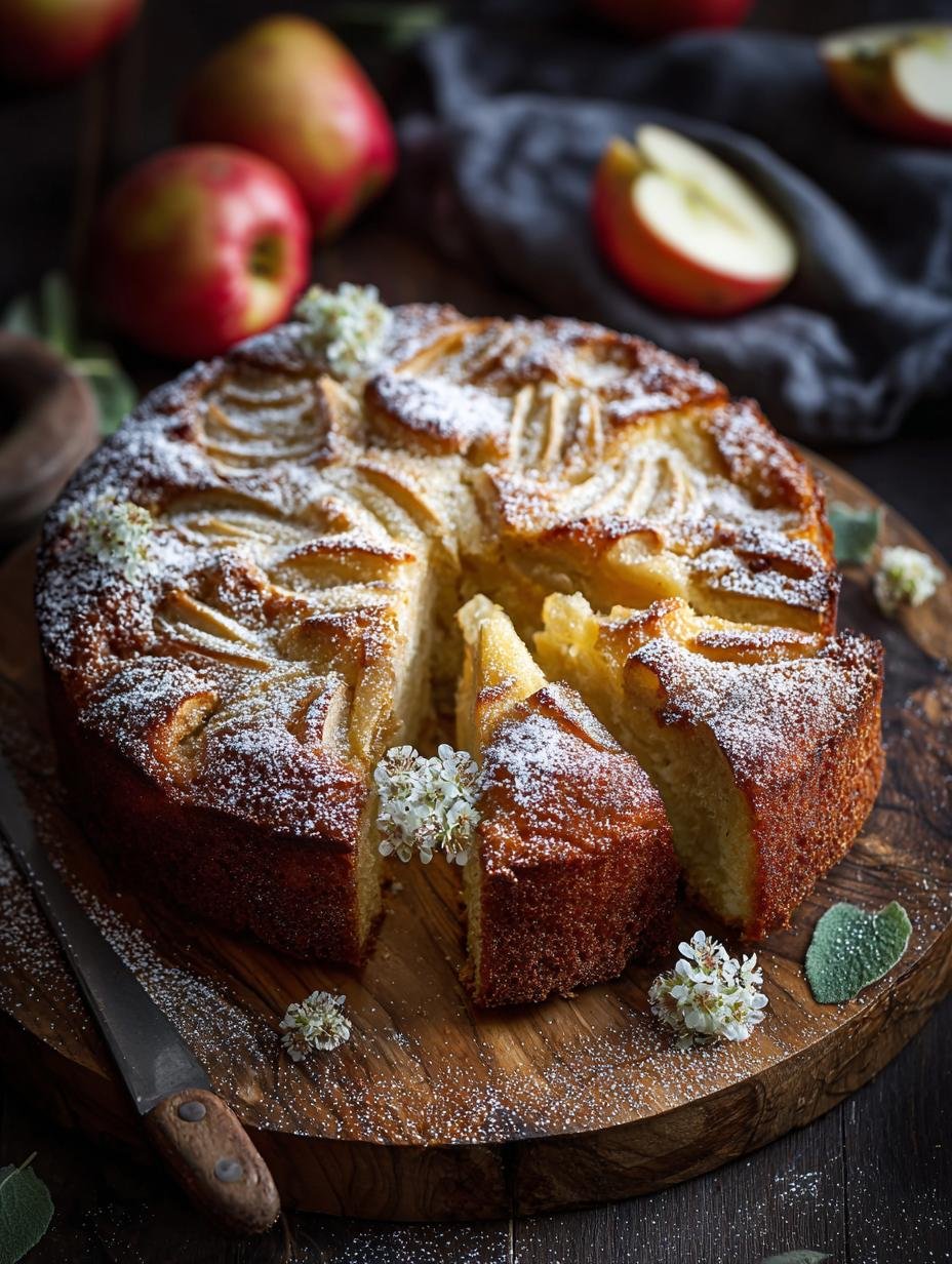 Hele Siciliaanse Appeltaart met geschaafde amandelen en poedersuiker op een houten ondergrond