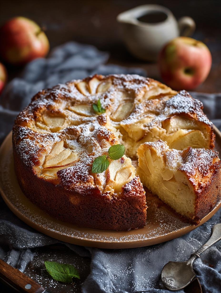 Warme plak Siciliaanse Appeltaart met poedersuiker en een bolletje vanille-ijs, klaar om te serveren